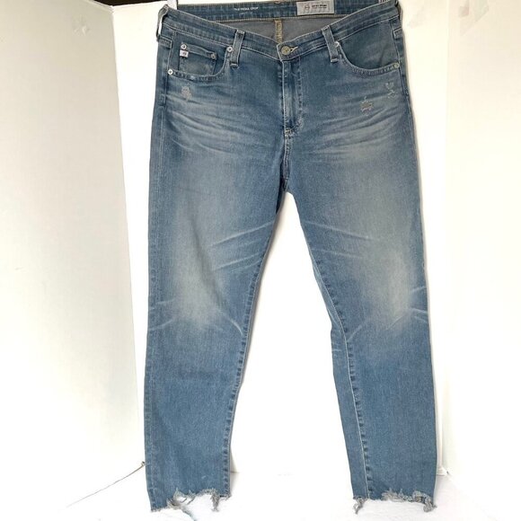 AG Prima Mid Rise Cigarette Crop Jean Womens 31 Blue Distressed Raw Hem Stretch - Picture 4 of 10